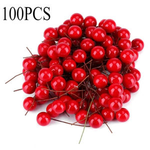 100PCS 10mm Red Pearl Stamens Artificial Flower Small Berries Cherry For Party Gift Box Christmas DIY Wreath Home Decorations