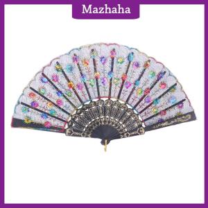 Mazhaha Quạt gấp cầm tay quạt nhựa thủ công bột màu vàng quạt gấp vải khiêu vũ Phong cách Trung Quốc tiệc cưới màu trắng