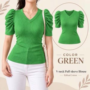ZAG VNECK PUFFSLEVEE COTTON KNITTED TOP FOR WOMEN fit Freesize Blouse White Puffsleeve Blouse Vneck Blouse