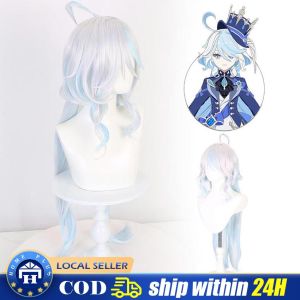 Fontaine Focalors Cosplay Wig Game Genshin Impact 100cm Furina Wigs Blue White Curly Heat Resistant Hair Anime Wigs