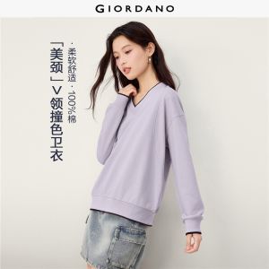 Giordano Beau Monde Women Contrast trim v-neck cotton sweatshirt Free Shipping 13326646