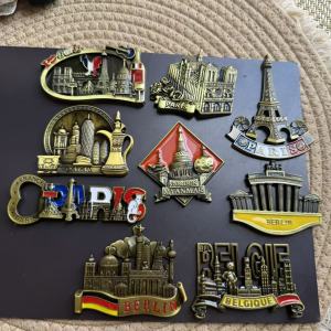 1pc Travel Souvenir Metal Fridge Magnet World Landmarks ParisQatarMyanmarGermanyBelgium Scenery Refrigerator Magnet Home Decor
