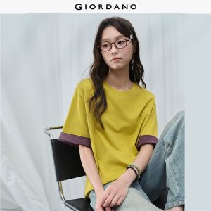 Giordano Women Contrast rolled cuff short sleeve loose tee Free Shipping 18326906