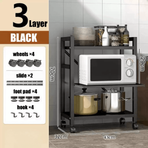 Kitchen Rack Organizer Microwave Shelf with Wheels Pull Out Organizers 3/4/5 Layer Kitchen Storage Cabinet Microwave Stand Rack Oven Shelf with Hook Rice Cooker Rack Kitchen Storage Shelf
