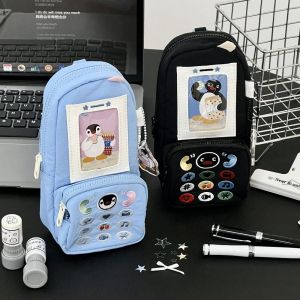 OUREAL Canvas Pen Bag Phone Shape Large Capacity Pencil Case Cartoon Penguin Embroidery Stationery Storage Bag Students Gift