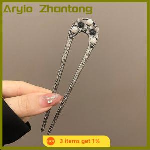 Aryio Retro Chinese Style Flower Hairpin Ink Colored Flower Tassel Hair Stick For Women Elegant Ponytail Holder Jewelry Hair Accessory