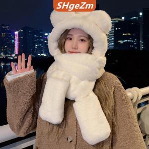 [COD] SHgeZm Mùa Đông Ấm Áp Lông Cừu Sang Trọng 3-Trong-1 Gấu Tai Mũ Trùm Mũ Khăn Găng Tay Thiết Lập Một Mảnh Windproof Phụ Kiện Ngoài Trời Cho Thời Tiết Lạnh
