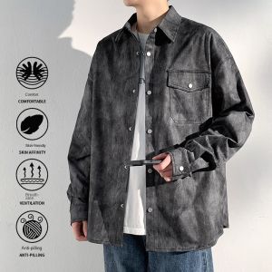 Mens Shirts Tie Dye Denim Streetwear Casual Loose Fit Button Up Top Blue Washed Cowboy Style  Blouse2026