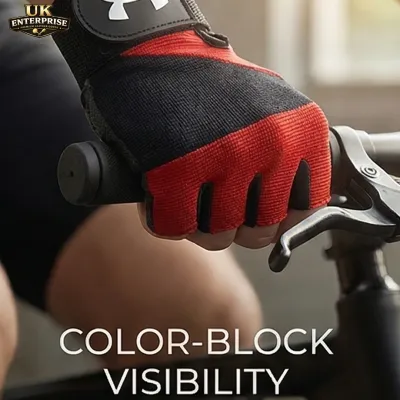 Under Armour cycling gloves with color-block design for enhanced visibility. Black and red fingerless gloves with grip handlebar.