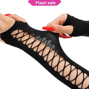SHENHAO2🎀 Cổ Điển Đảng Cosplay Lưới Căng Găng Tay Hộp Đêm Nhảy Múa Nửa Ngón Tay Vui Vẻ Fishnet Găng Tay Của Phụ Nữ Dài Bị Gãy Lỗ Cánh Tay Tay Áo