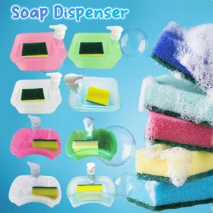 Soap Dispenser Box with Sponge 2 in 1 Kitchen Dishwasher Kitchen Utility Dishwasher Press Box Press Soap Dispenser Box Dishwashing Brush Combo