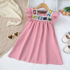 Bear Leader 3 4 5 6 7 Years Girls Dress New Summer Knitted Flower Pathwork Flying Sleeves Dresses for Baby Clothes Korean Pink Casual Square Collar Princess Clothing
