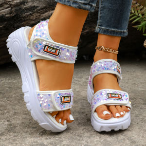 Free Shipping Plus-Size Thick-Soled Sandals For Women 2026 Summer New Style Fashionable Sequin Sandals With Velcro Straps