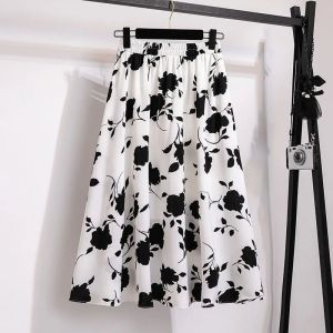 Womens Floral Skirt 2024 Summer Fashion Casual Elastic High Waisted A-line Skirt Temperament Ink Print Cropped Skirt