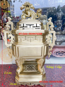 Đỉnh Vuông Tai Mây Bằng Đồng Cattut Màu Vàng Cao 55cm Nặng 13Kg Hàng Đẹp