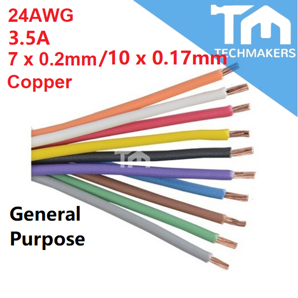 Wire 1 to 100 Meter 7/0.2mm or 10/0.17mm 24AWG 3.5A 100 Copper Multi