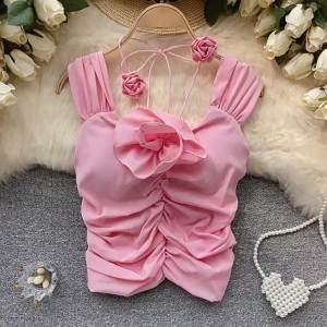 Áo cami hoa cổ tích cho áo Crop Top gấp bằng cotton co giãn ngọt no mùa hè nóng bỏng áo ba chiều trang trí dây chéo trang trí thanh lịch