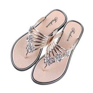 SWEET TIM Waterproof Rhinestone Flip Flops Holiday Non-Slip Crystal Floral Slippers Beach Shiny Flower Sandals Girls