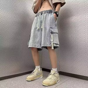 M-5XL Japanese Cargo Denim Shorts Men Simple Causal Loose Wide Leg Five Point Shorts Plus Size Sweatpants