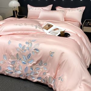 Four piece bedding set light luxury ice silk four piece bedding set embroidered duvet cover set bed sheet four piece set (bed sheet * 1 duvet cover * 1 pillowcase * 2)
