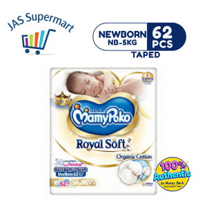 MamyPoko Royal Soft Taped Diaper Newborn 62pcs – Organic Cotton Soft & Leak Protection