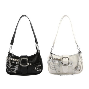 Punk Grunge Star Rivets Shoulder Bag with Metal Chain Motorcycle Underarm Purse Handbag Zippered Armpit Bag for Women