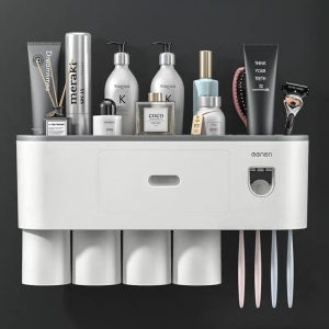 Bộ nhã kem đánh răng tự động OENON Kệ để đồ phòng tắm cao cấp dán tường kèm 4 cốc hút nam châm