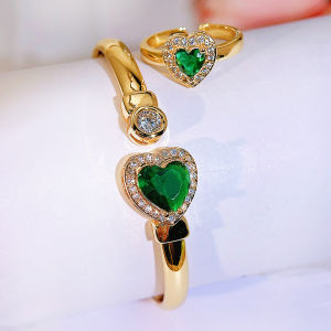 Sequito Cô Dâu Thanh Lịch Bộ trang sức Vàng Zircon Lam Lục trái tim màu trắng dây đeo tay có thể điều chỉnh độ dài Nhẫn Cho Nhảy Múa Sj406