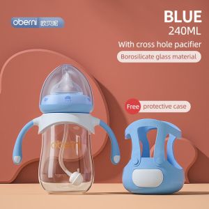Oberni（Ready Stock）Baby Bottle Feeding Bottle Wide Neck Glass Bottle  Botol Susu Water Bottle Silicone Protective Sleeve Glass Anti-Colic Feeding Bottle 240ML
