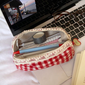 Christmas gifts Halloween Hello Kitty Cute Retro Red Checkered Pencil Case Portable Large-capacity New Style Simple Student Stationery Pencil Storage Bag