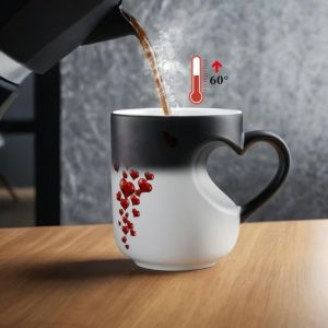 MAJESTICX 11oz Color Changing Mug Thermochromic Reveal Heart-Shaped Coffee Cup Romantic Ceramic Tea Cup for HomeOffice