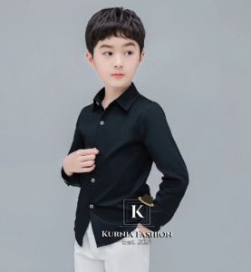 Kemeja Anak Laki-laki Tanggung Kerah Lipat Lengan Panjang Putih / Pakaian Anak-anak Solid Katun 5-12 Tahun