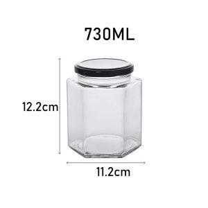 Multiple Size Hexagonal Clear Glass Bottle Jar Container with metal lids for Storing food honey/ jams/pickles