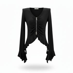 พร้อมส่ง! เสื้อครอปแมงกระพรุน เซ็กซี่ คอวี ซิป 2 ทาง เย็บจับจีบ แขนกระดิ่ง สไตล์ฮาโลวีน ผ้าโพลิเอสเตอร์ #503