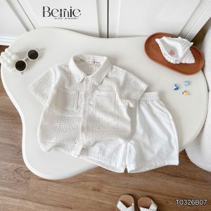 Set bộ sơ mi tay ngắn áo ren quần short đũi trắng bé trai đi chơi đi biển 9 tới 27kg BERNIE T0326B07