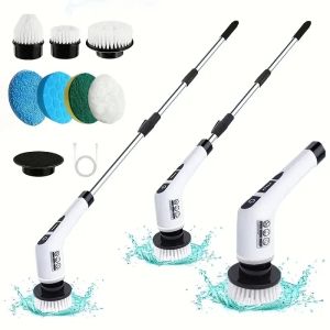 2026 1 Set Electric Cleaning Brush Wireless Electric Rotating Scrubber 7 Brush Heads and Adjustable Extension Handle Bathroom Cleaning Brush Household Cleaning Tools