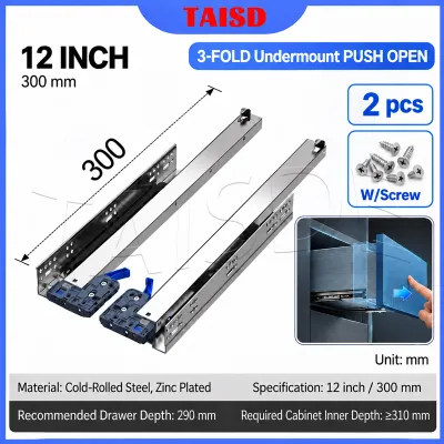 3 Fold Undermount Drawer Guide Push To Open Hidden Drawer Slide Full Extension [2PCS W/SCREW]