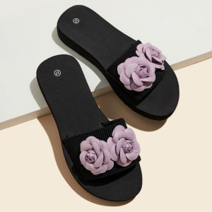 Free Shipping Plus-Size WomenS High-Heeled Slippers New Summer Style Outdoor Purple Rose Flower Design Slip-On Wedge Heel