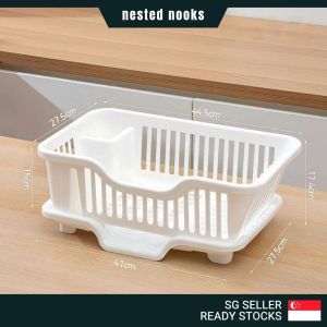 Kitchen Plates Bowls Utensils Cutlery Dish Drainer Drying Rack with Side Draining Tray
