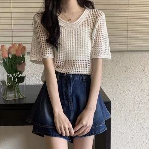 Hollow Short-sleeved Knitted Shirt for Womens Casual Round Neck T-shirt Summer New Korean Style Fashionable Versatile Slim Short Top