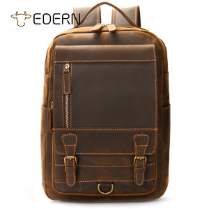 EDERN กระเป๋าเป้หนังม้าบ้าย้อนยุคสำหรับผู้ชายกระเป๋าเป้สะพายหลังเดินทางธุรกิจกันน้ำกระเป๋านักเรียนหนังวัวกระเป๋าแล็ปท็อปขนาด 14 นิ้วความจุขนาดใหญ่