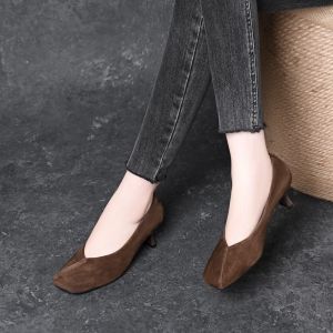 [Free Shipping] Soft Leather Retro-Style Suede Elegant Square-Toe Shallow-Cut Stiletto-Heel Pumps For Women Versatile And Comfortable Slip-On Shoes