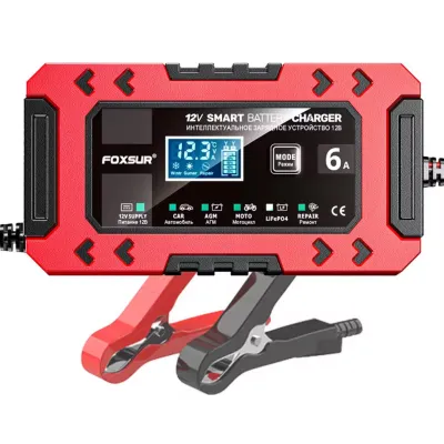 FOXSUR Charger Aki 12V 6A Smart Charger Otomatis 10 Tahap LCD AGM GEL WET LiFePO4 + Repair Mode dan Power Supply 12V