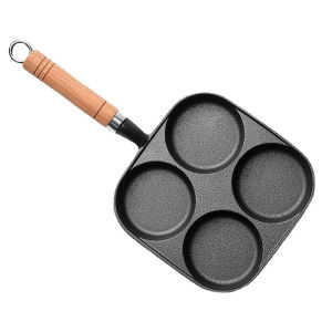 4 Hole Frying Pan Non-Stick Flat Bottomed Pan Cast Iron Kitchen Fried Eggs Mold With Wooden Handle