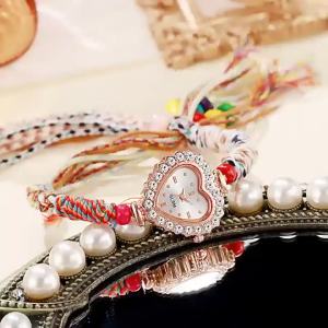 Colorful Red Bracelet red line Ethnic-style woven heart-shaped quartz watch with pull-out woven strap womens wristwatch