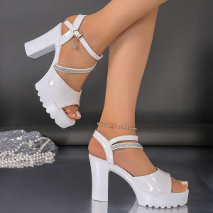 [Free Shipping] Plus-Size WomenS High-Heeled Sandals 2026 Summer New Style Fashionable Rhinestone Embellished Single-Strap Chunky Heel Sandals