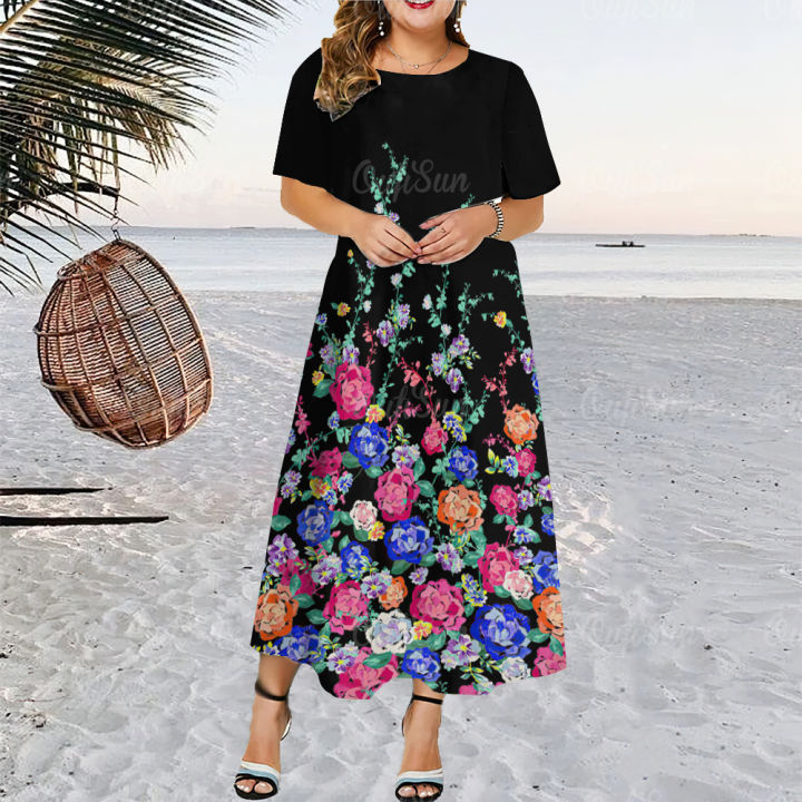 Summer Vacation Dress Trendy New Tops Women's Round Neck Plus Size Skirt  Floral Print T-Shirt Dress Lazada PH