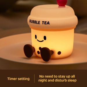 Milk Tea Cup Style Silicone Night Light Touch Control USB Rechargeable LED Night Lamp Dimmable Kawaii Bubble Tea Cup Bedroom Home