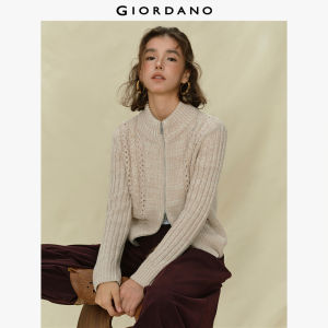 GIORDANO Women Sweaters Hollow Out Cable Knit Cardigans Mock Neck Two-Way Open Zip Fashionable Casual Loose Cardigans 18355221