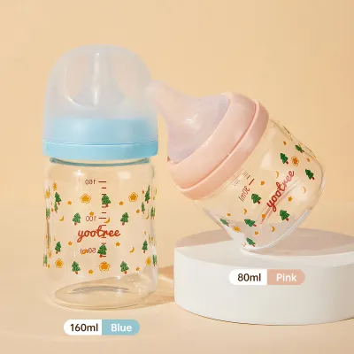 yootree Newborn Baby Glass Bottle 80ml+160ml 2pcs Baby Feeding Bottle Milk Bottle Anti Colic Soft Touch Puting Wide Neck Cute Glass Bottle
